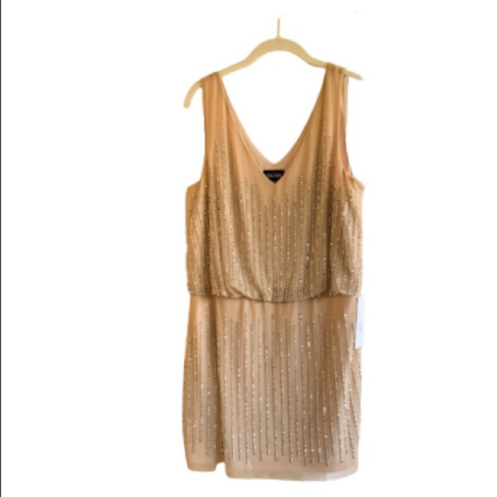 Nude and sequin v neck mini dress